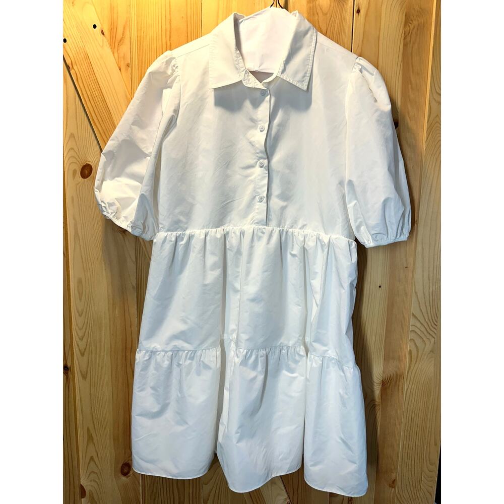 Amanda Uprichard White Poplin Tiered Babydoll Mini Shirt Dress - Size M